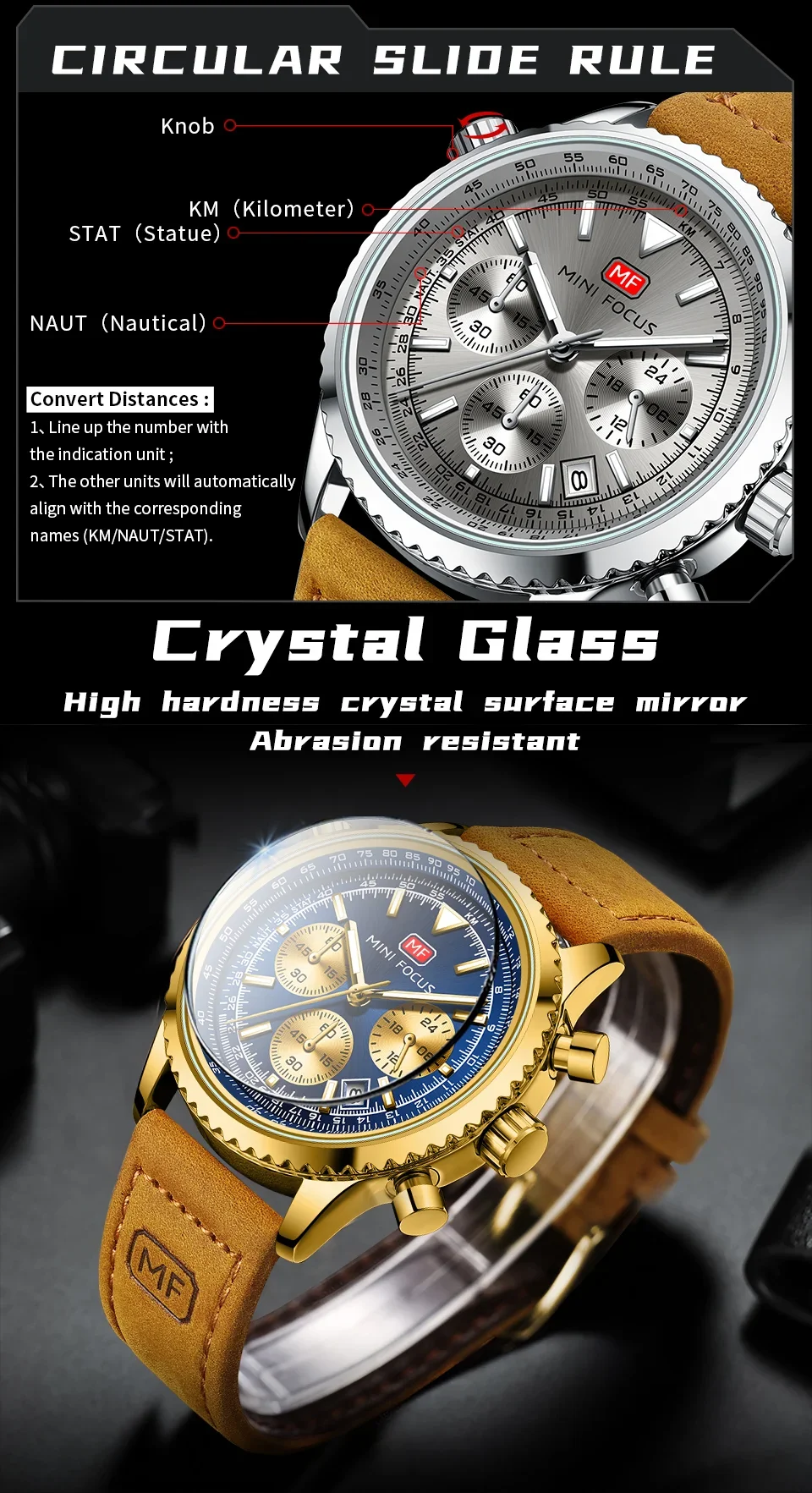 Mini Focus MF0463G Leather Straps Fashion Men Multifunction Chronograph Watches