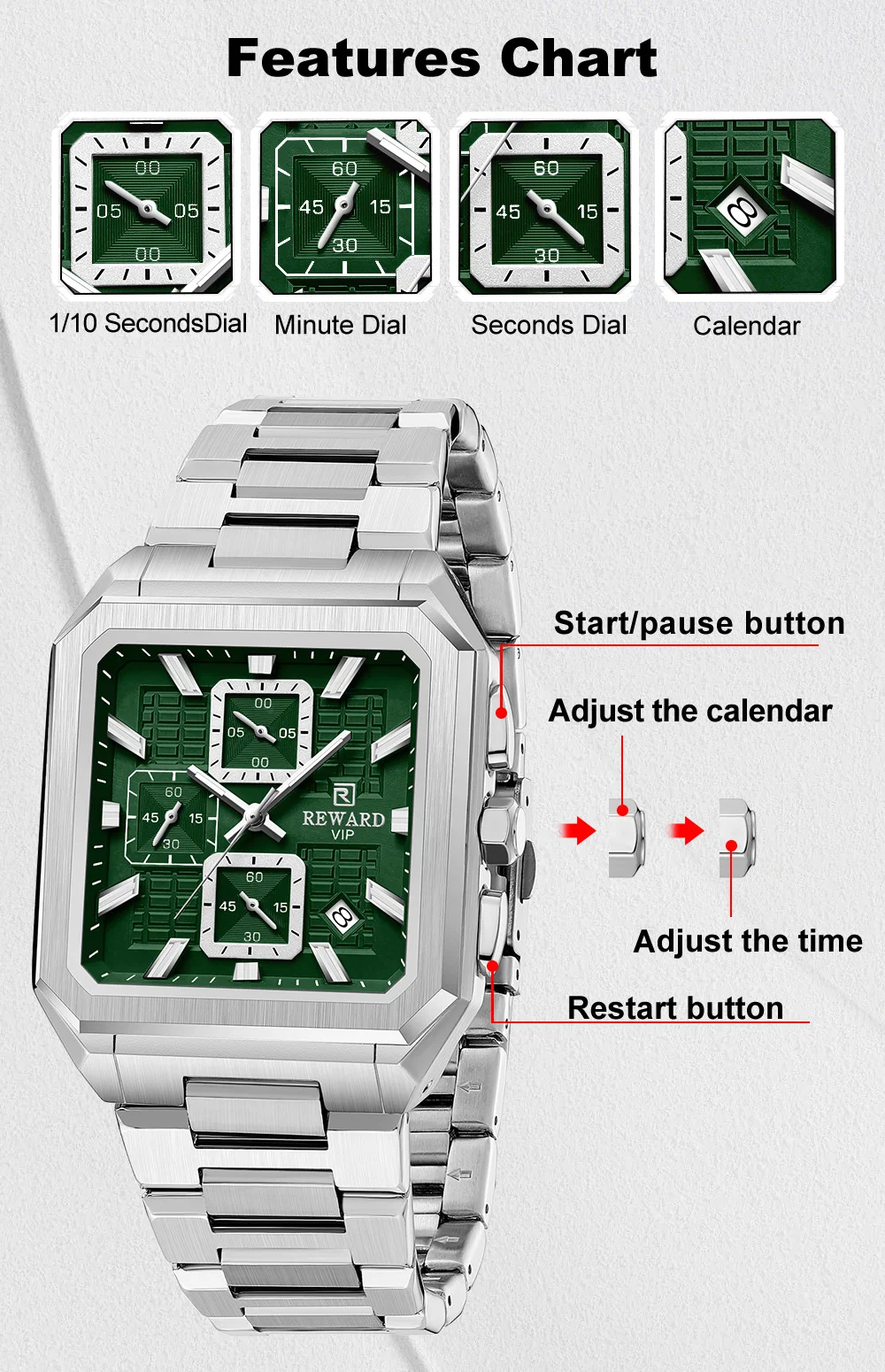 REWARD New Watch for Men High Quality Polishing Double Layered Case Square Chronograph RD813149M