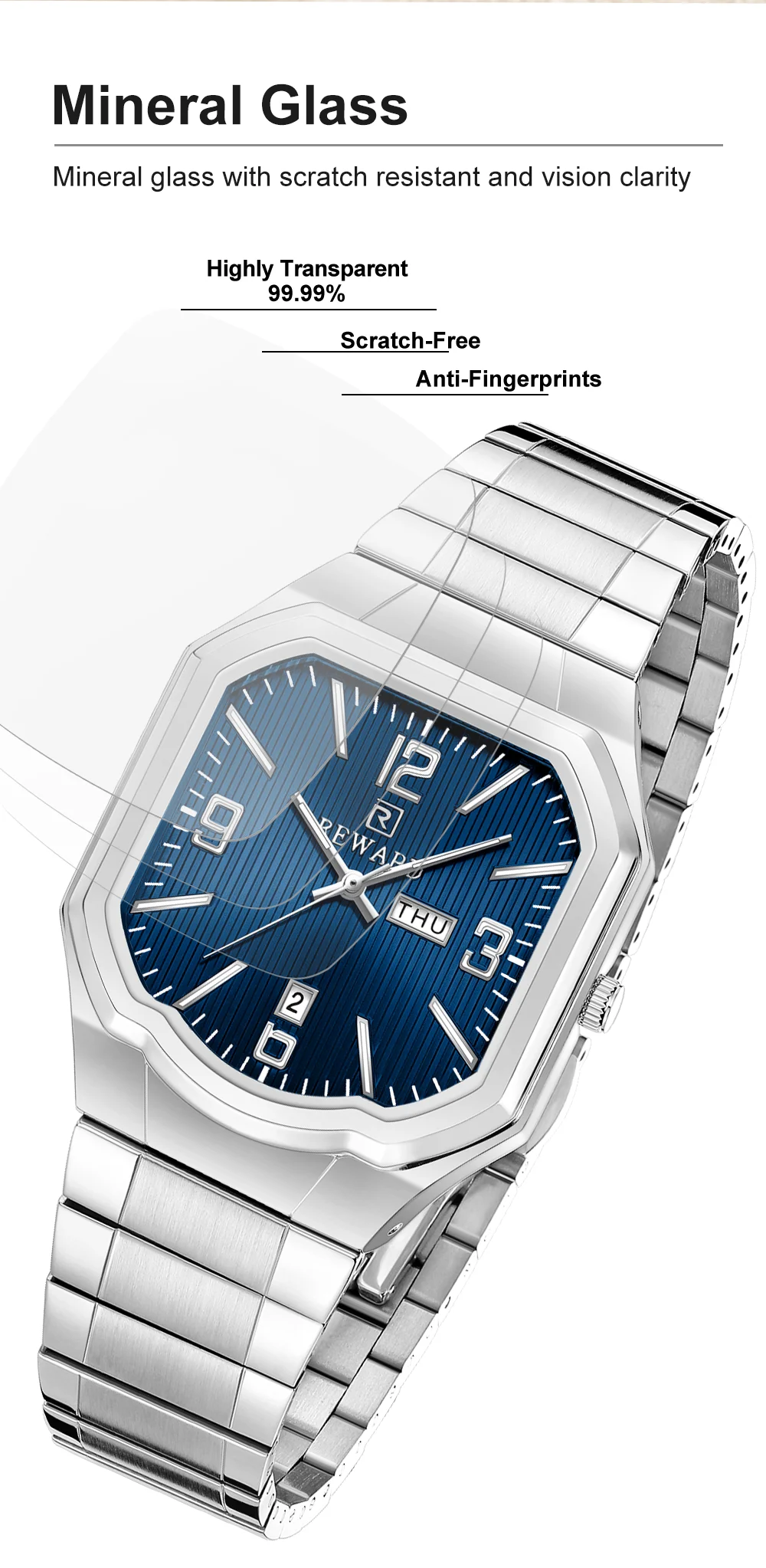 REWARD RD613377M Men's Large Square Waterproof Quartz Steel Watch