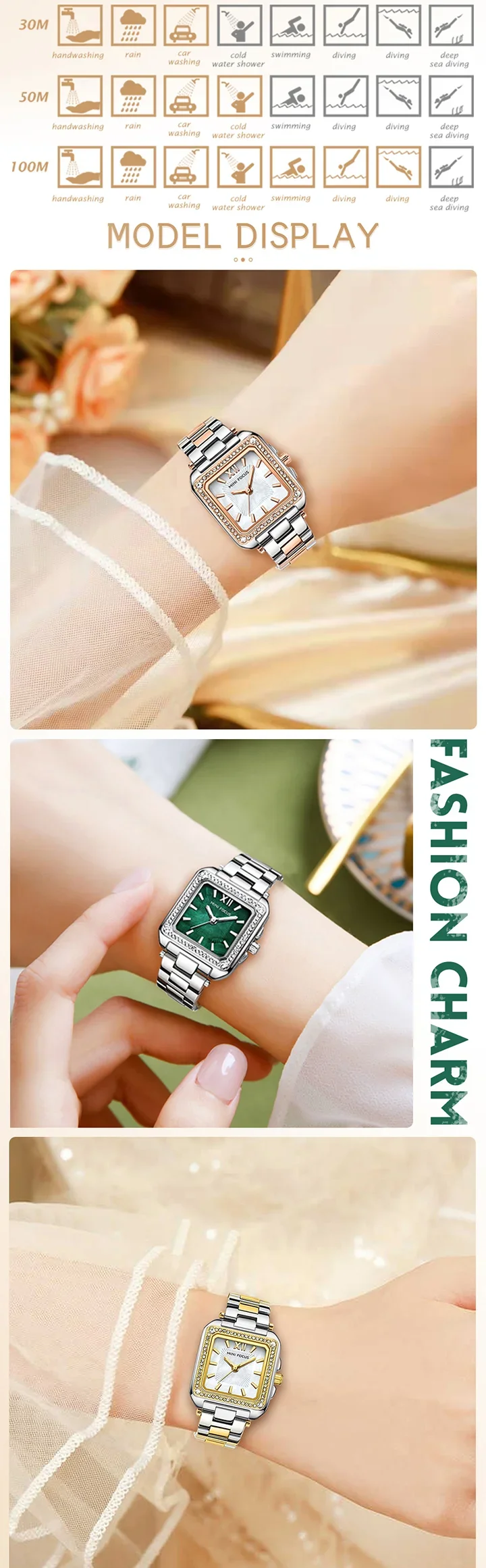 MINI FOCUS MF0619L Square Women's Mother of Pearl Rhinestone Watch