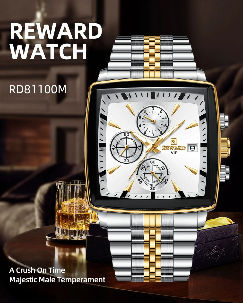 REWARD VIP RD81100M Multi-function Square Business Watch for Men