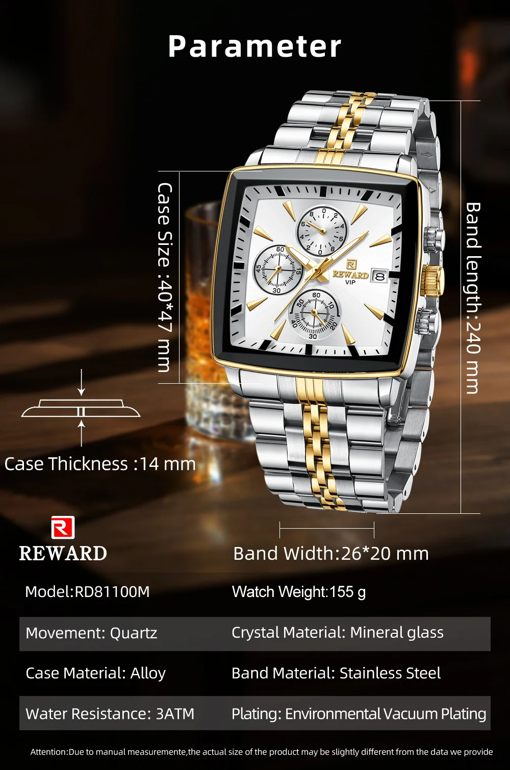 REWARD VIP RD81100M Multi-function Square Business Watch for Men