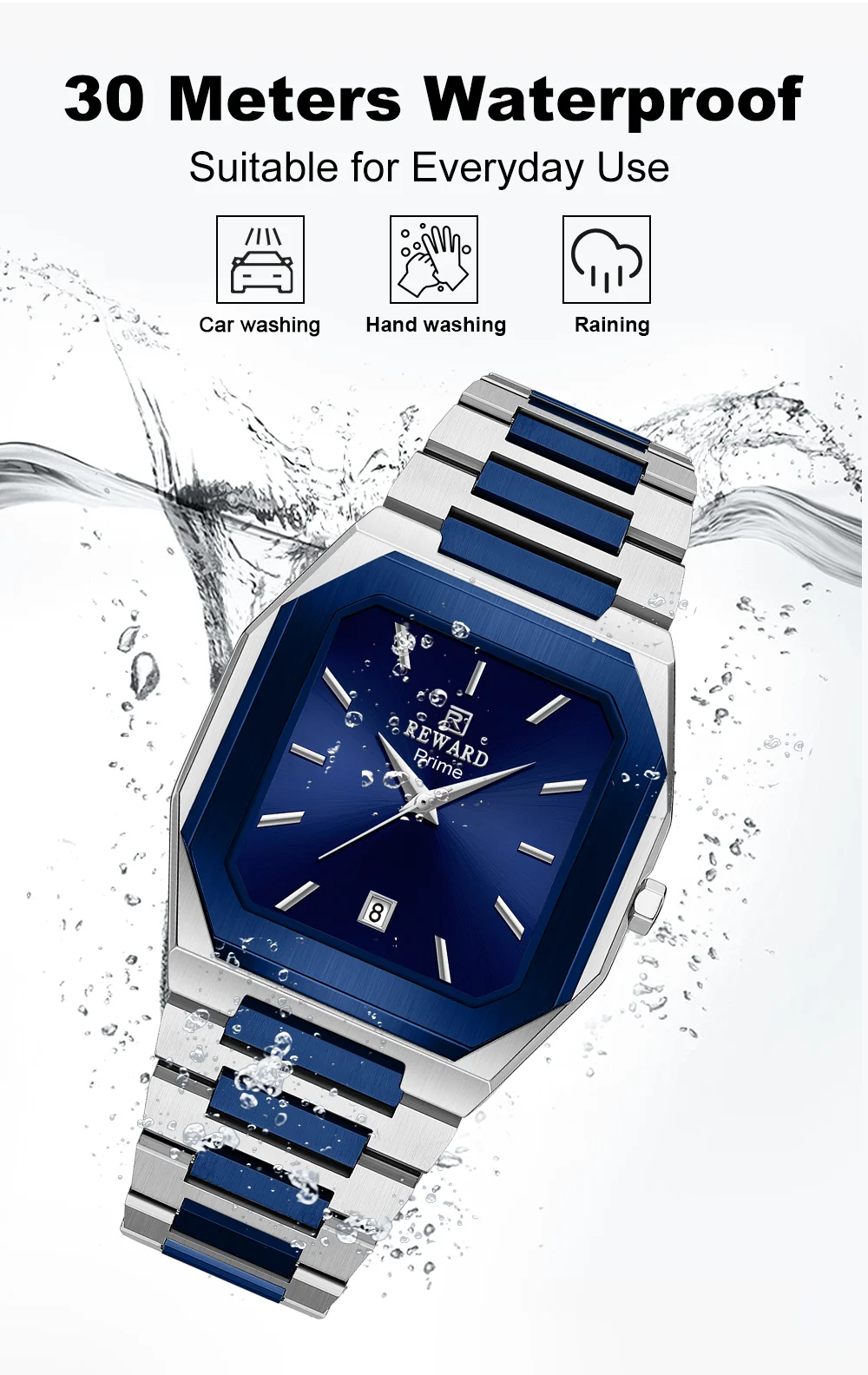 Illustration of the REWARD watch's 30M water resistance