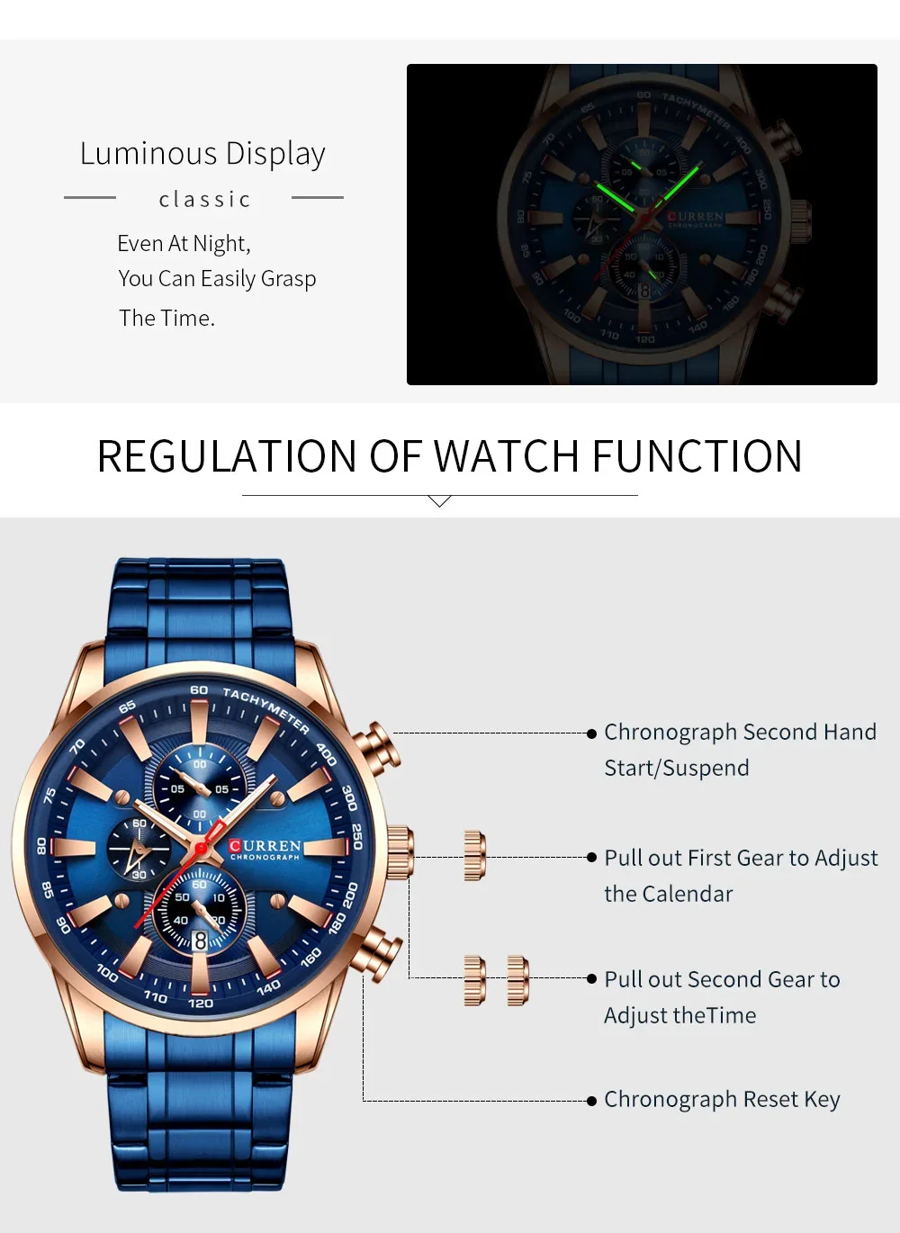 Close-up of the Curren 8351 chronograph dial