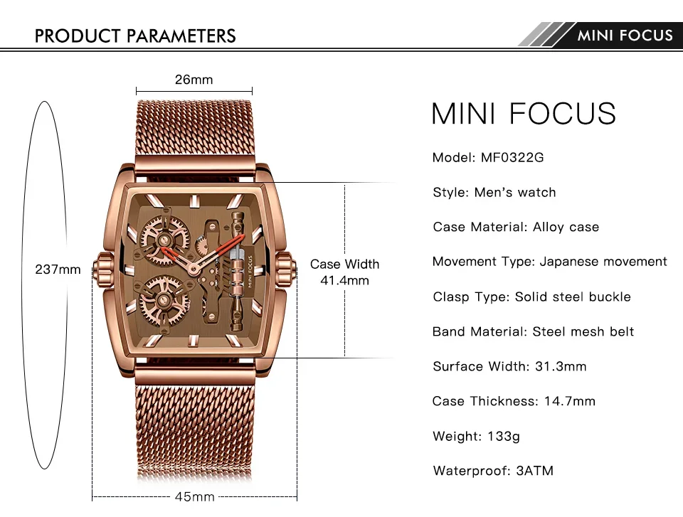 Close-up of the skeleton dial on the Mini Focus MF0322G barrel case watch