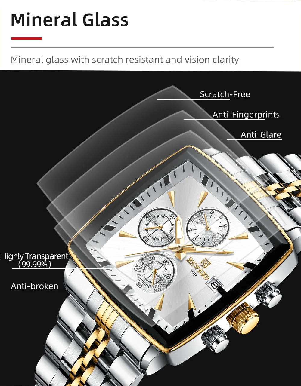 REWARD VIP RD81100M Multi-function Square Business Watch for Men