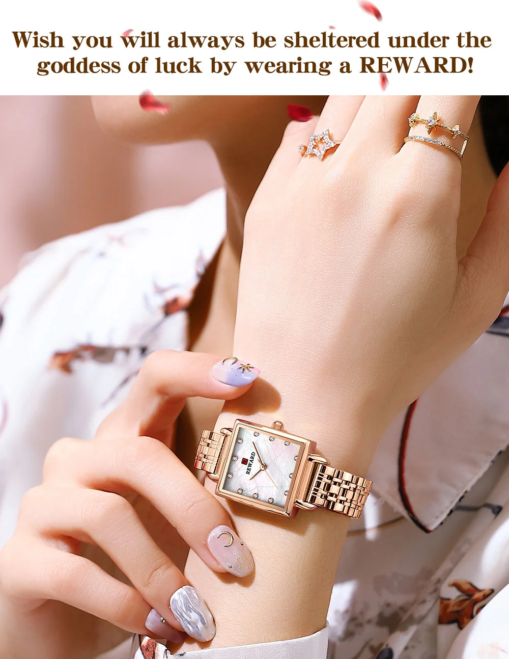REWARD RD21041L Luxury Square Case Women Watch Mother of Pearl Dial Diamond Hour Markers Quartz Dress Watch Wholesale