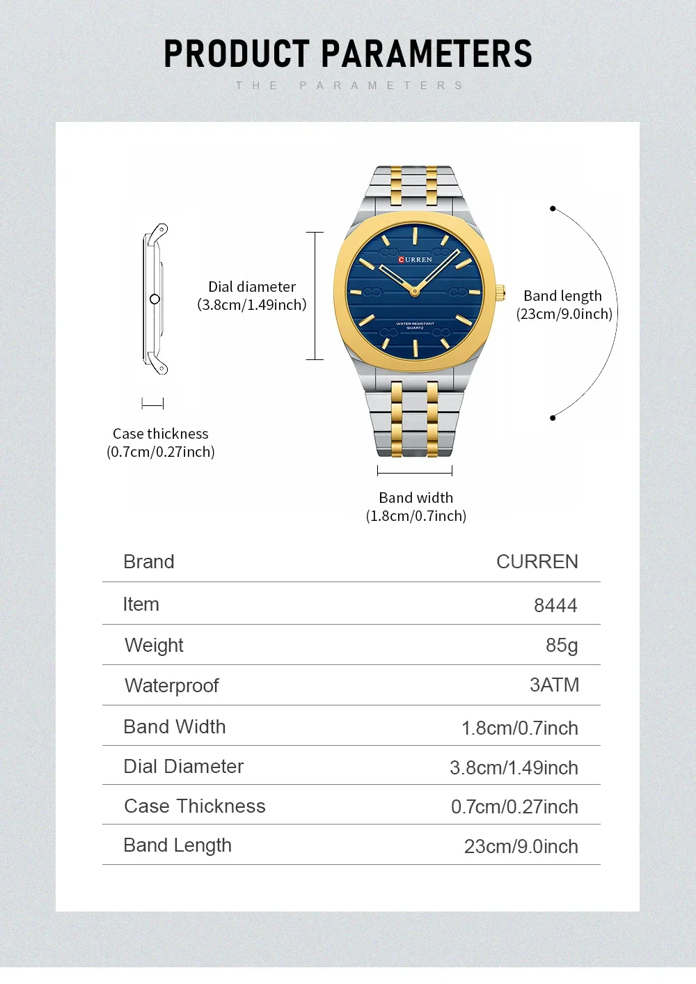 Close-up of the Curren 8444 gold dial and alloy case
