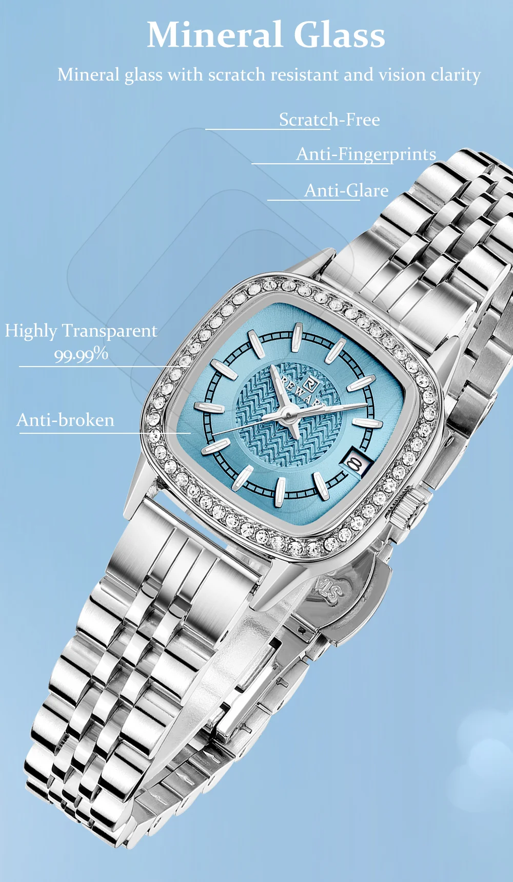 Reward RD212061L Waterproof Square Diamond Lady Bracelet Luxury Dress Watch