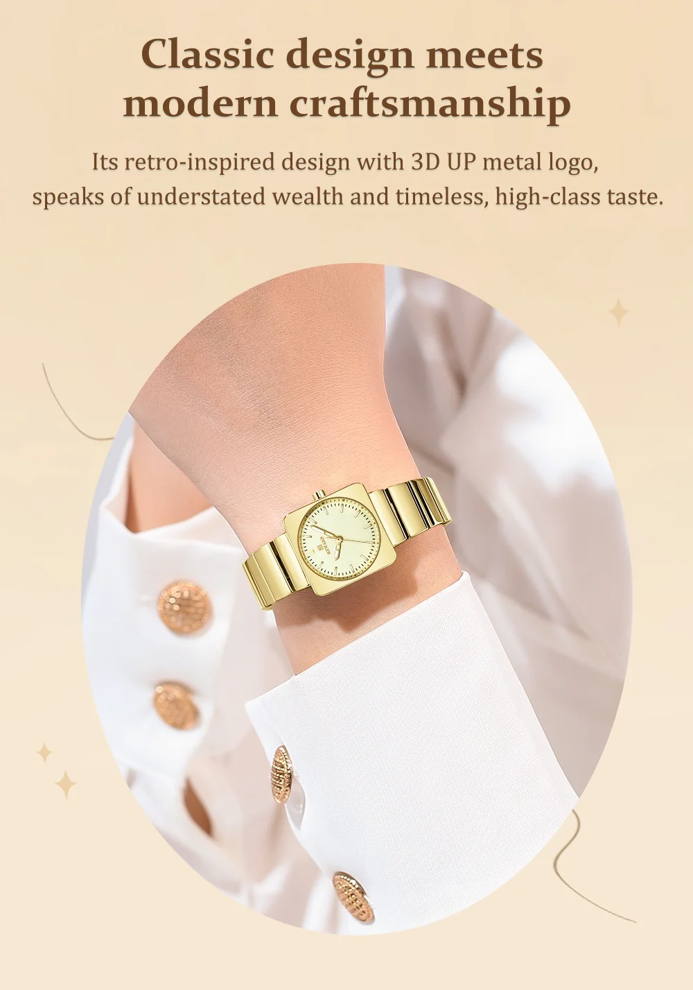 Reward RD212526L Women Square Case Round Dial Luminous Vintage Slim Watch