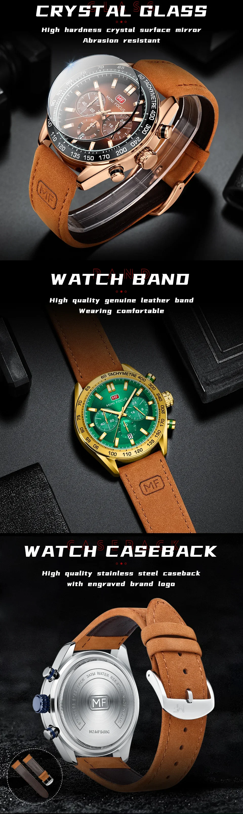MINI FOCUS MF0403G Men's Casual Quartz Watch | 3-Dial Chronograph Watch Wholesale