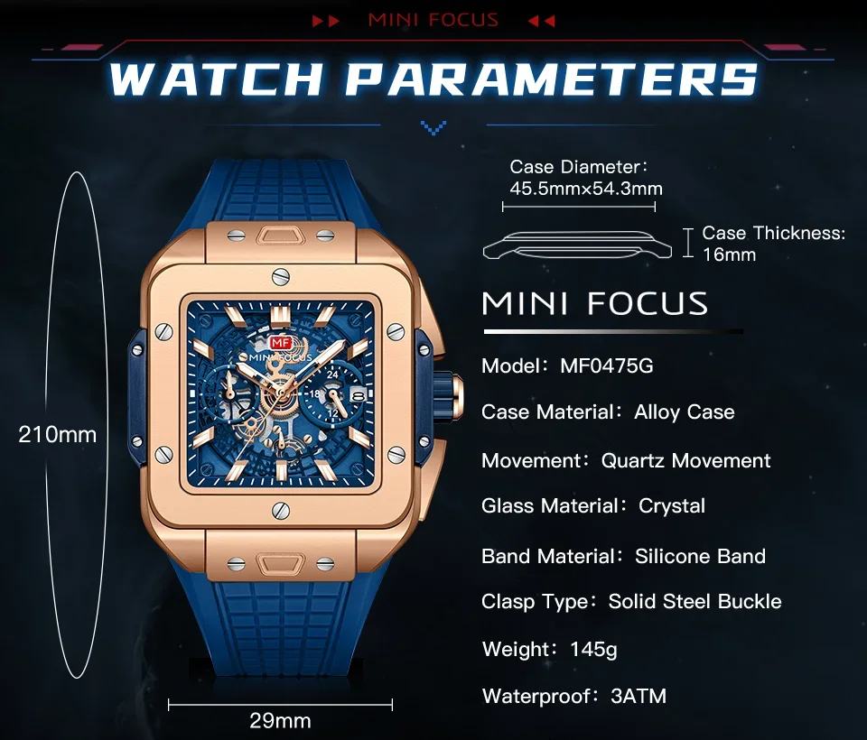 MINI FOCUS MF0475G watch side view showing alloy case