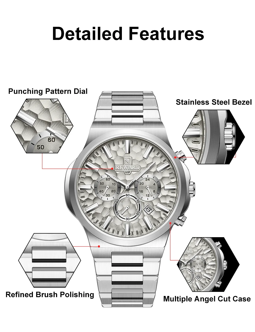Close-up of the honeycomb dial on the REWARD RD813050M watch