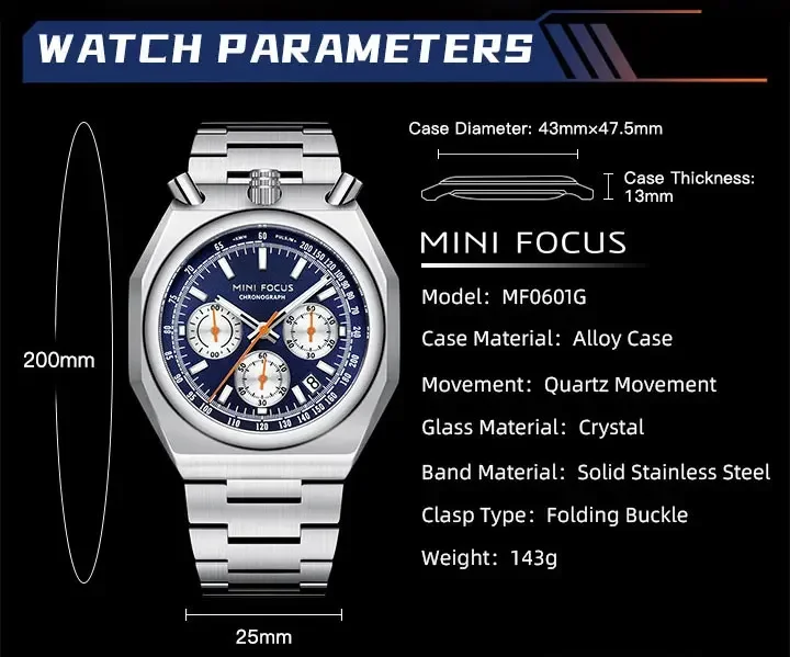MINI FOCUS MF0601G Wholesale Men's Retro Quartz Watch-Luminous Pulsometer Chronograph Steel Band
