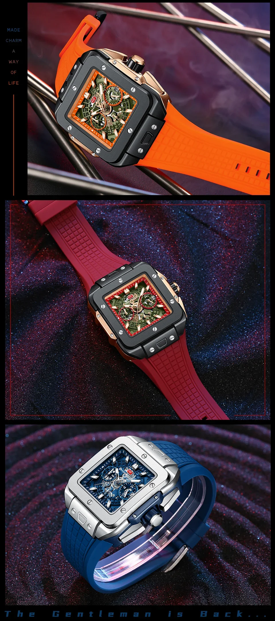 MINI FOCUS MF0475G Casual Men's Square Skeleton Dial Sports Watch