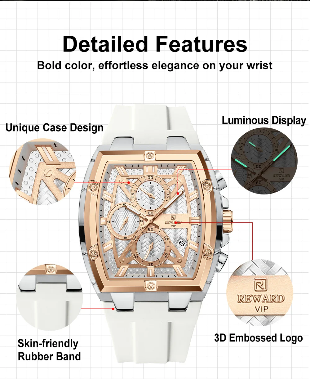 Reward RD832261M Fashion Tonneau Dial Men Watch Silicone Strap Luminous Hands