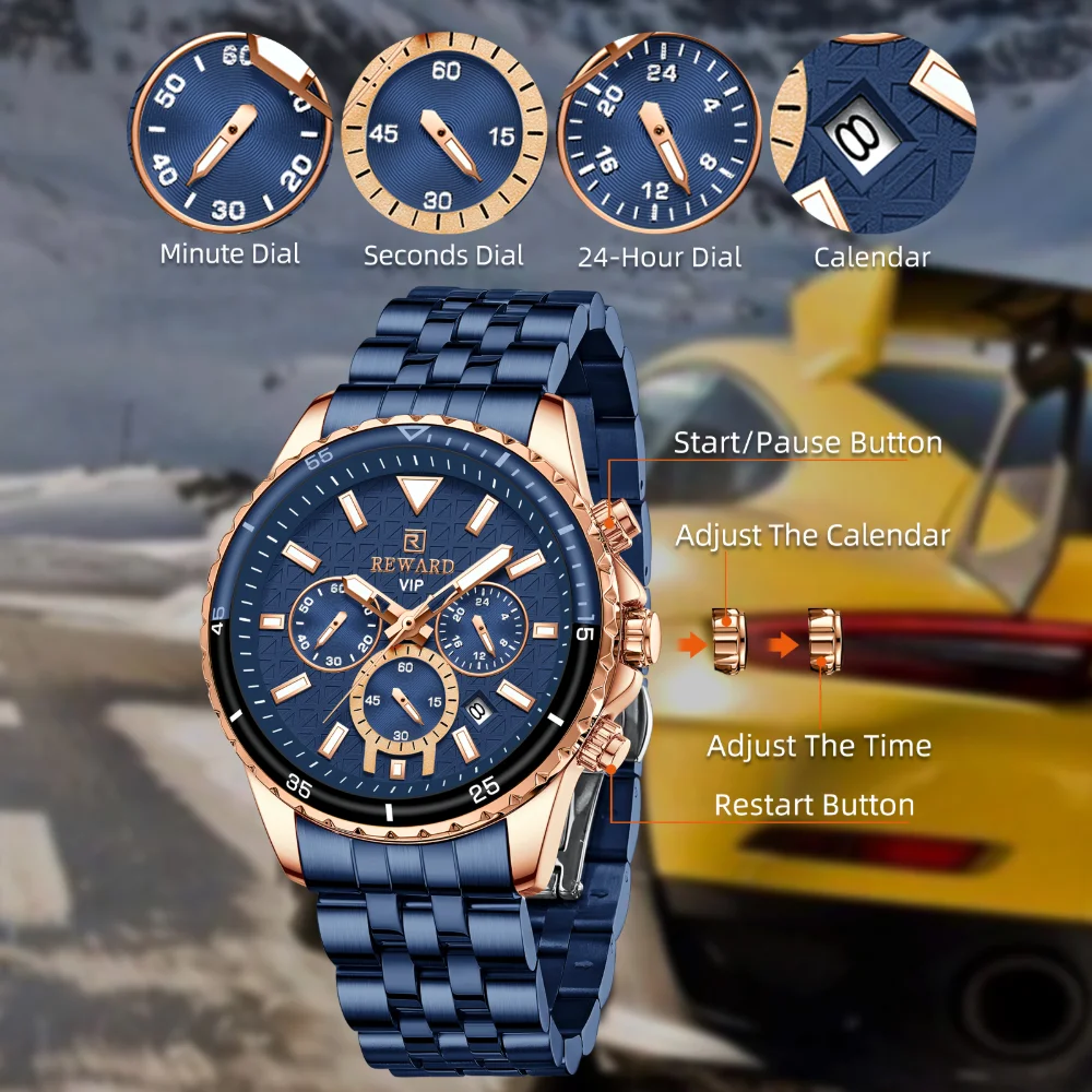 Men's Chronograph Watch with 24-Hour Display and Calendar
