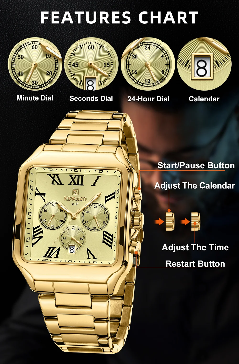 24 Hour Display Chronograph Watch Features