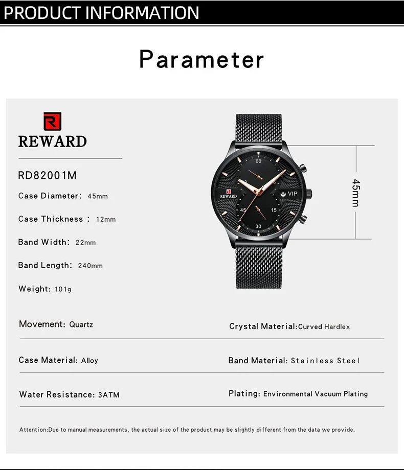 Detail of the alloy case on the Reward RD82001M watch