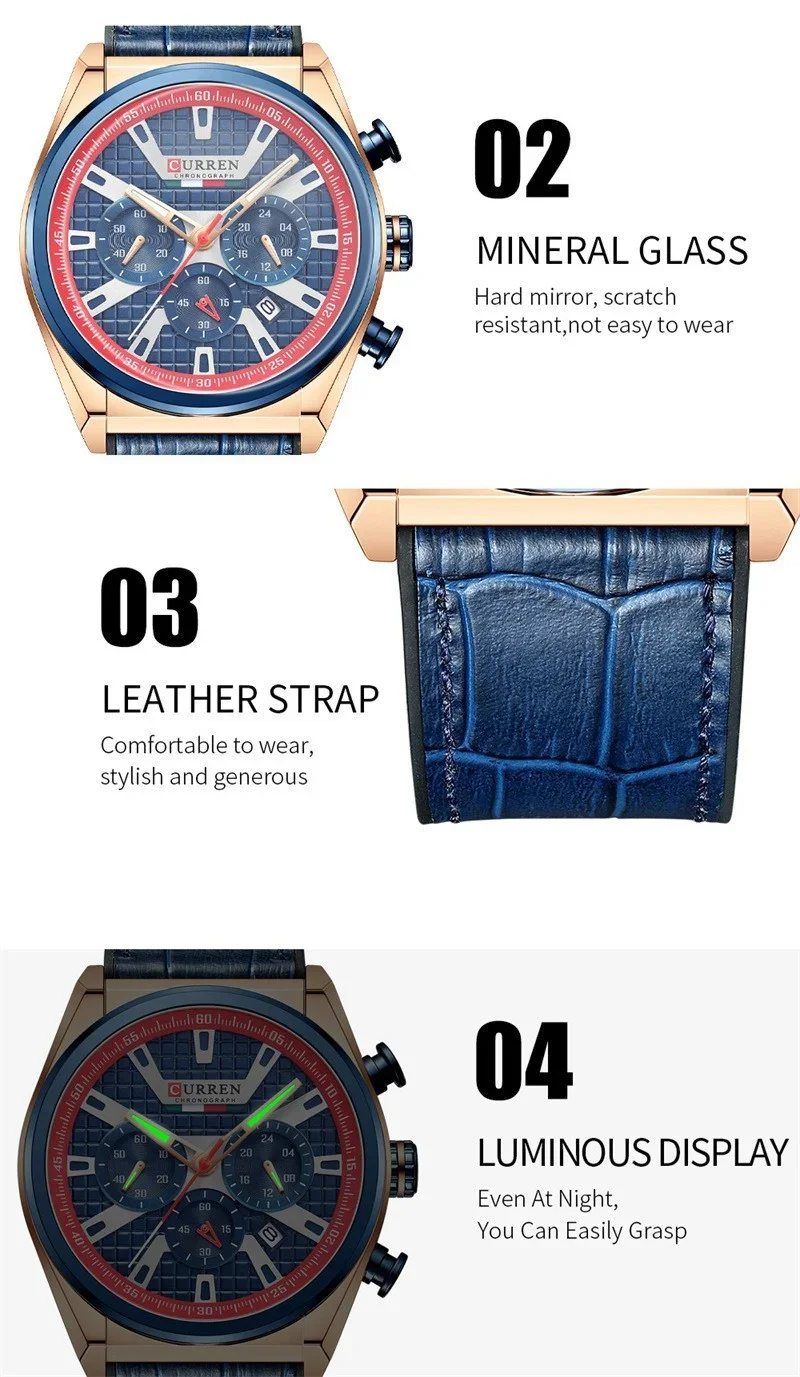 Detail of the genuine leather strap on the Curren 8291