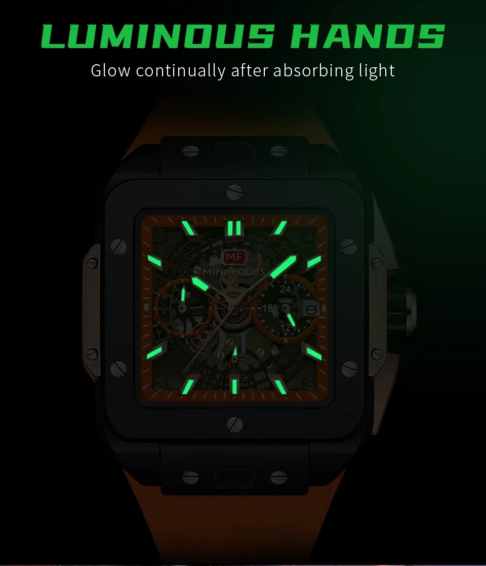 MINI FOCUS MF0475G Casual Men's Square Skeleton Dial Sports Watch