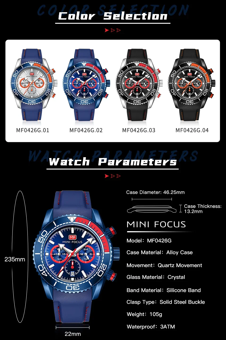 Mini Focus MF0426G Watch Alloy Case Close-up