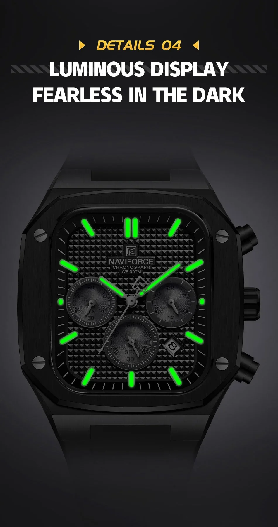 Night view of Naviforce NF8037 showing luminous features