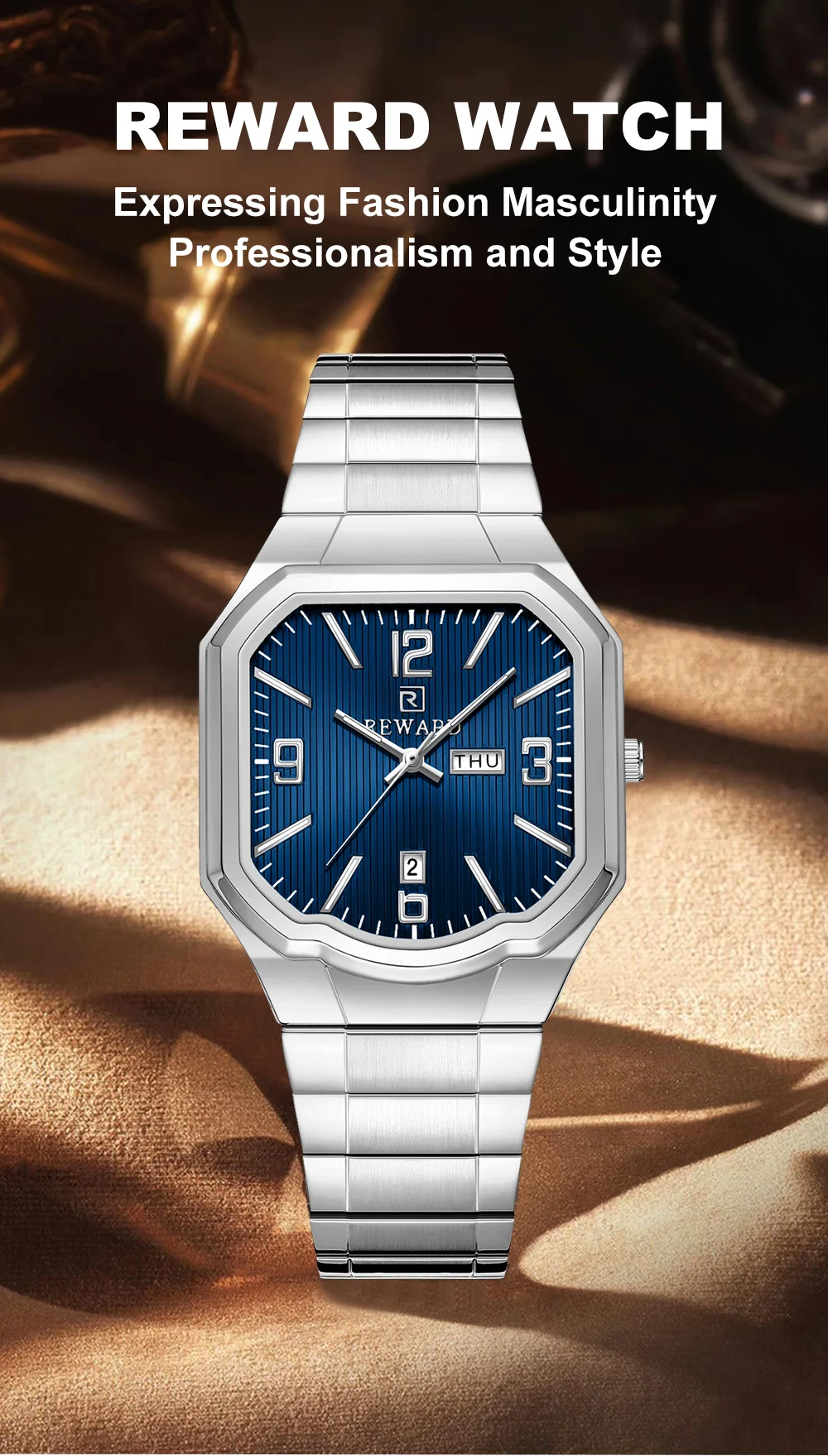 REWARD RD613377M Men's Large Square Waterproof Quartz Steel Watch