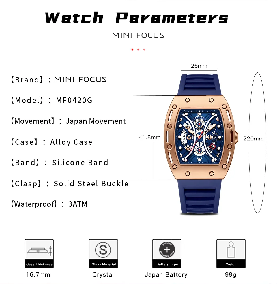 Wholesale MINI FOCUS MF0420G Men's Tonneau Quartz Watch – Curved Crystal Skeleton Dial Sport Watch Supplier