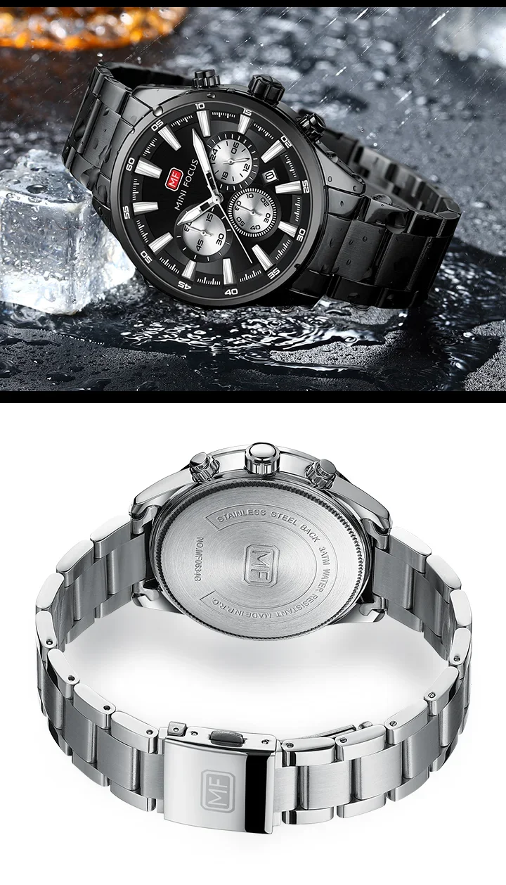 Watch detail showing the stainless steel band and alloy case