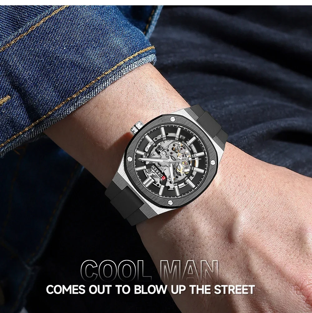 Factory Direct Curren 8485 Automatic Men Watch Skeleton Dial Ready to Ship Stock