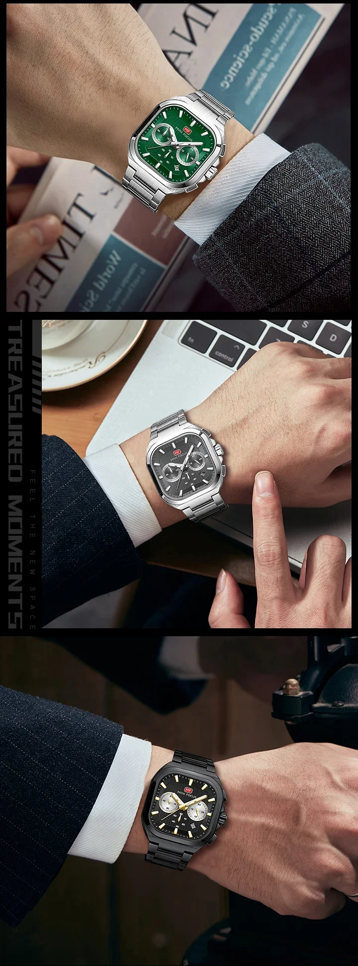 MINI FOCUS MF0622G Men's Quartz Luminous Square Watches Auto Date