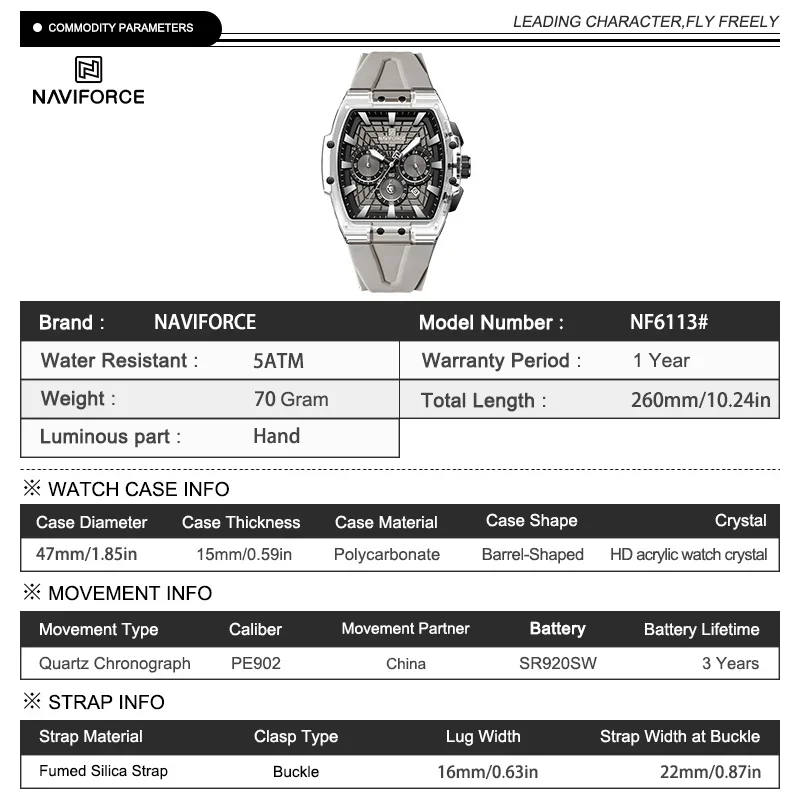 Detail of the Naviforce NF6113 dial showing chronograph and calendar
