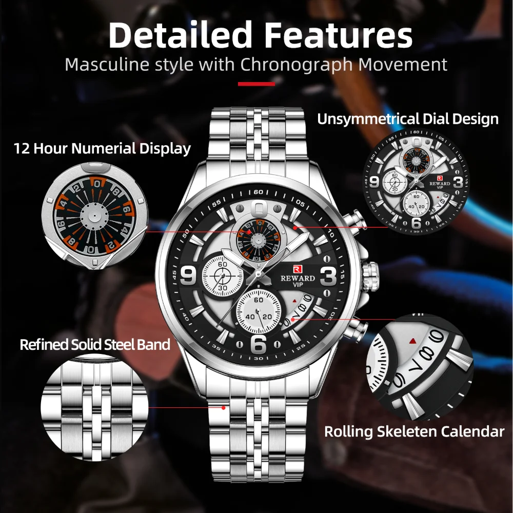 Close-up of REWARD RD81057M watch dial and chronograph details