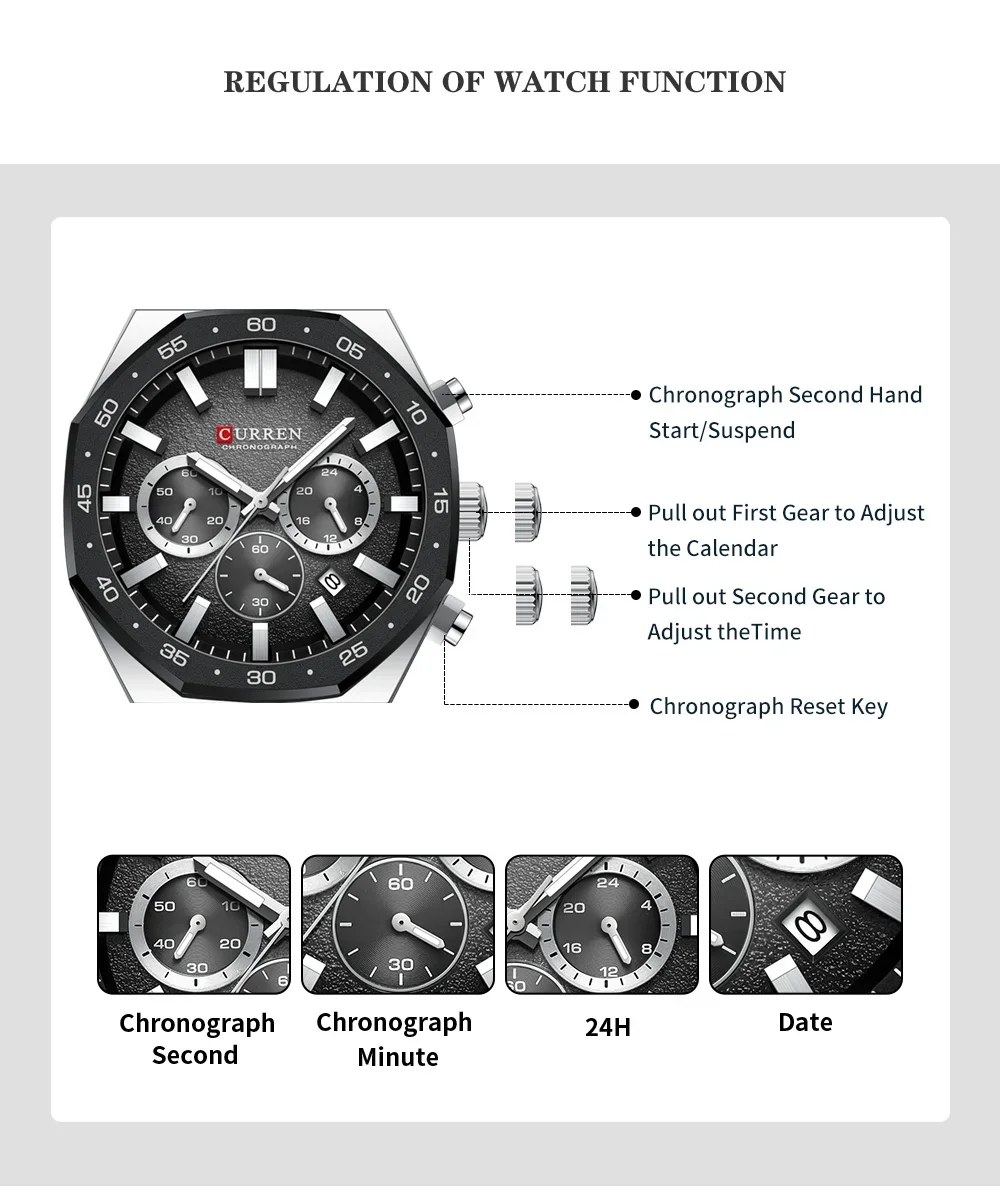 Curren 8489 Chronograph Dial with Sub-dials and Date Window