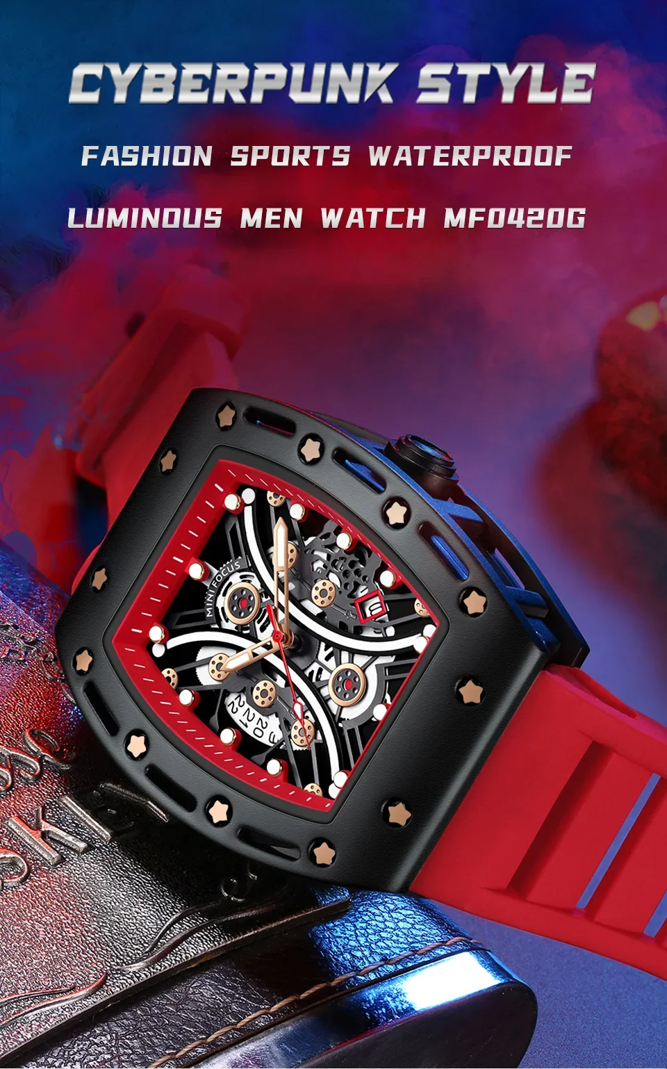 Wholesale MINI FOCUS MF0420G Men's Tonneau Quartz Watch – Curved Crystal Skeleton Dial Sport Watch Supplier