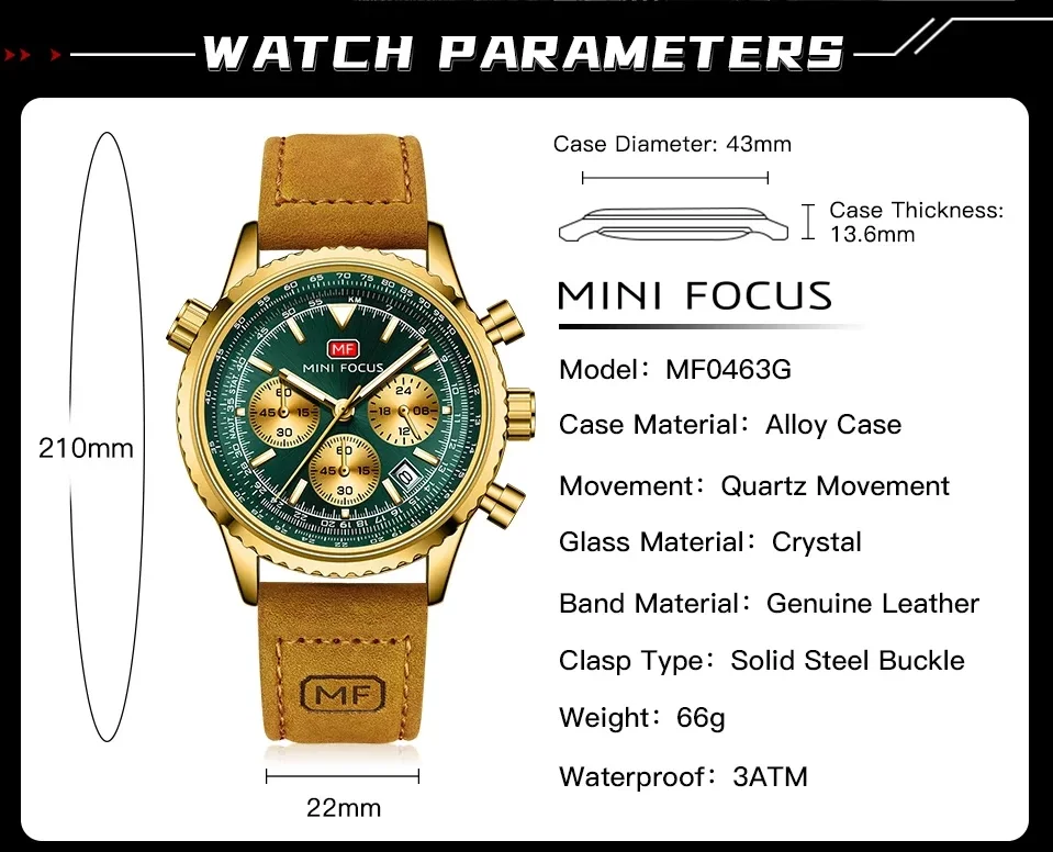 Close-up of the alloy case and genuine leather strap