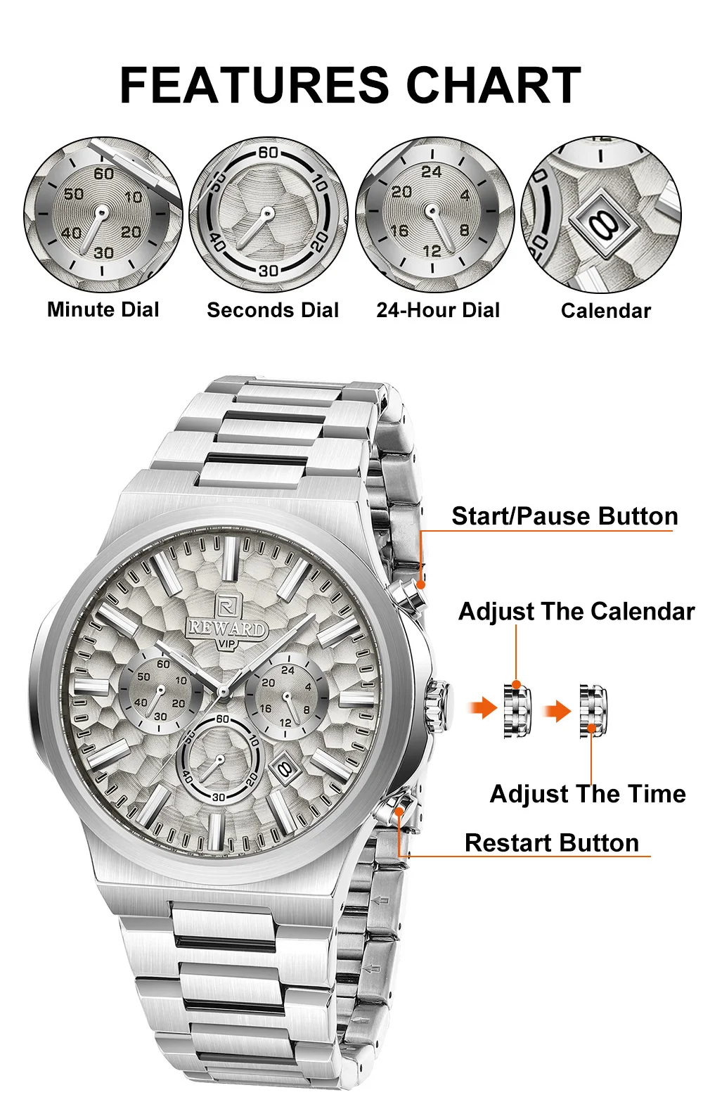 The stainless steel bracelet and clasp of the REWARD watch