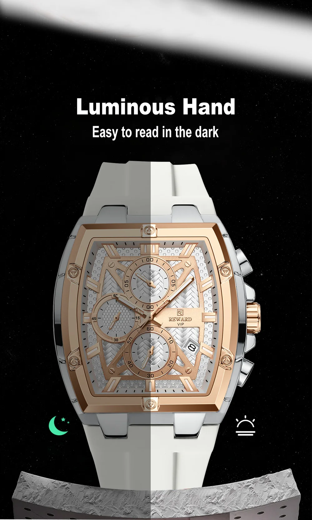 Reward RD832261M Fashion Tonneau Dial Men Watch Silicone Strap Luminous Hands