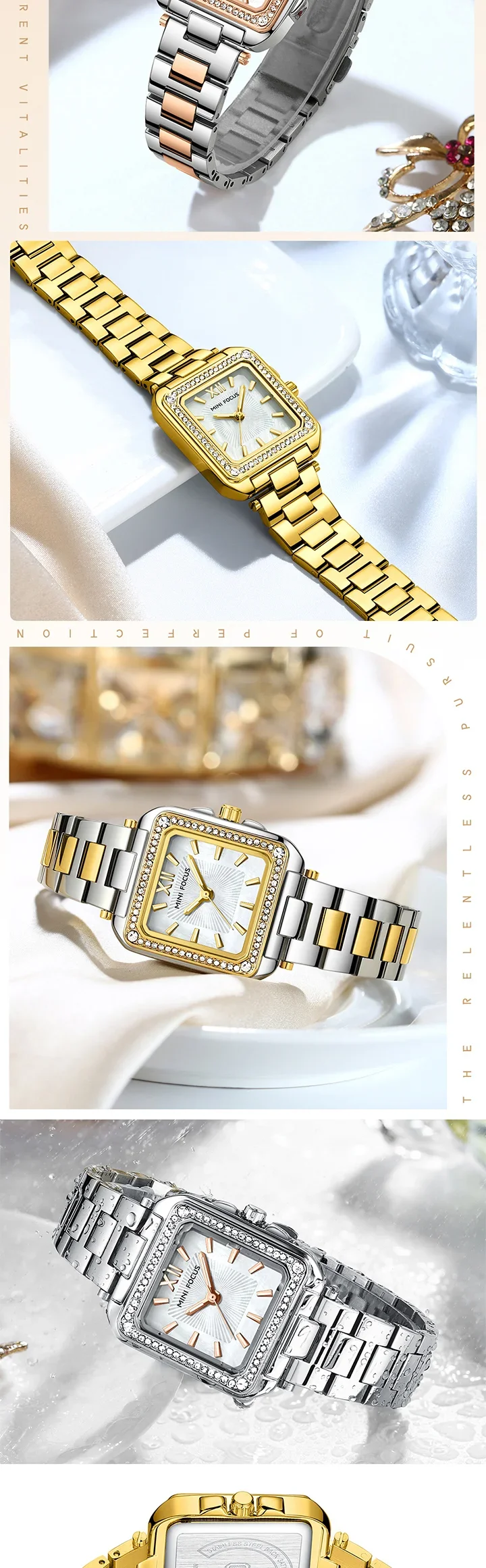 MINI FOCUS MF0619L Square Women's Mother of Pearl Rhinestone Watch
