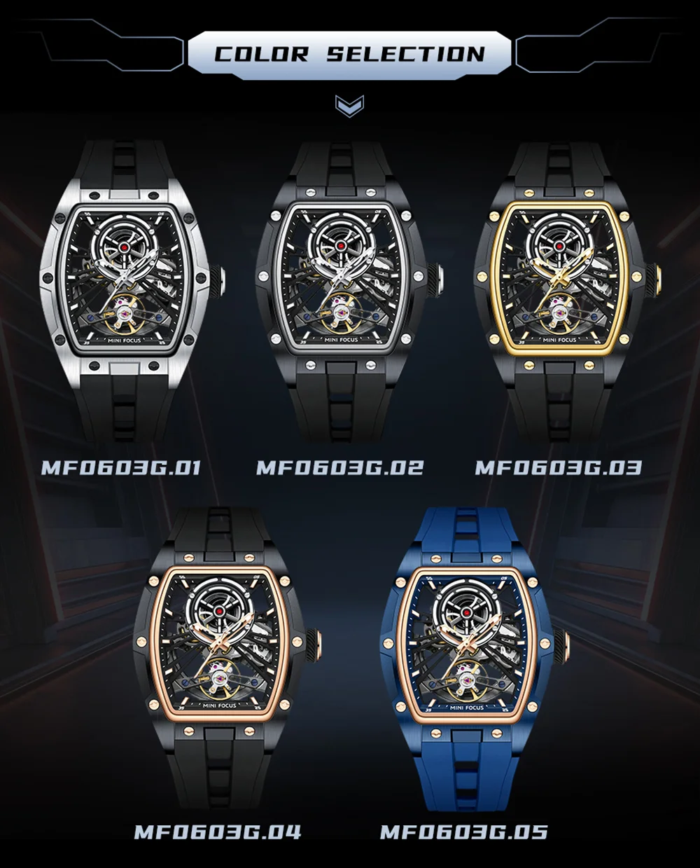 MINI FOCUS MF0603G skeleton dial front view