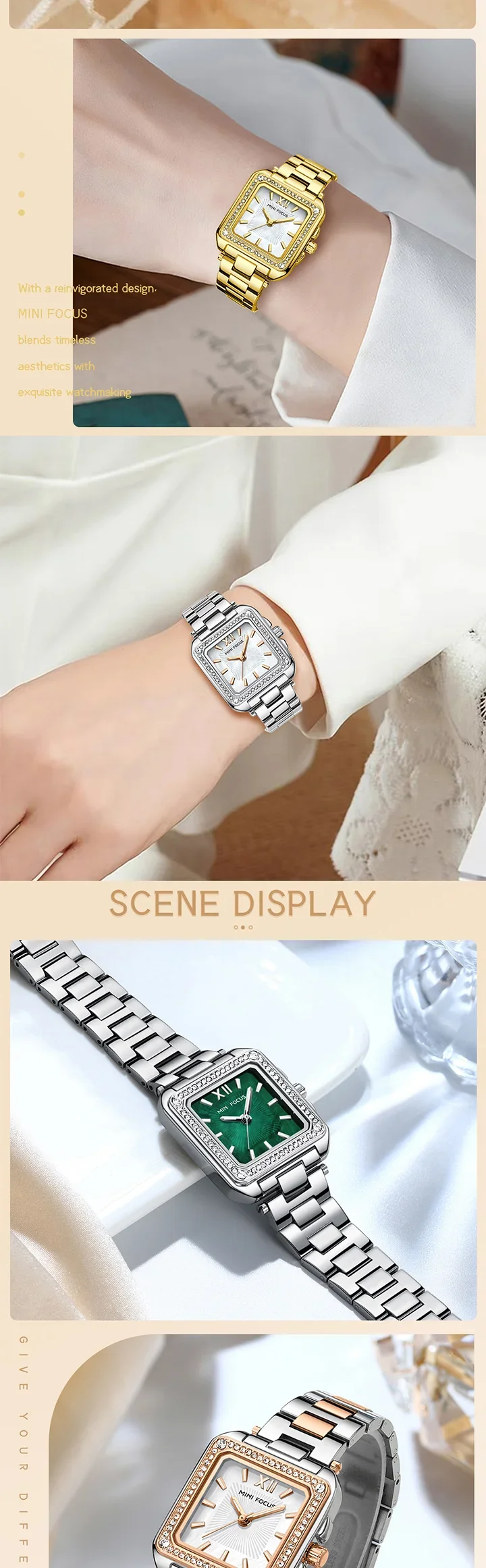 MINI FOCUS MF0619L Square Women's Mother of Pearl Rhinestone Watch