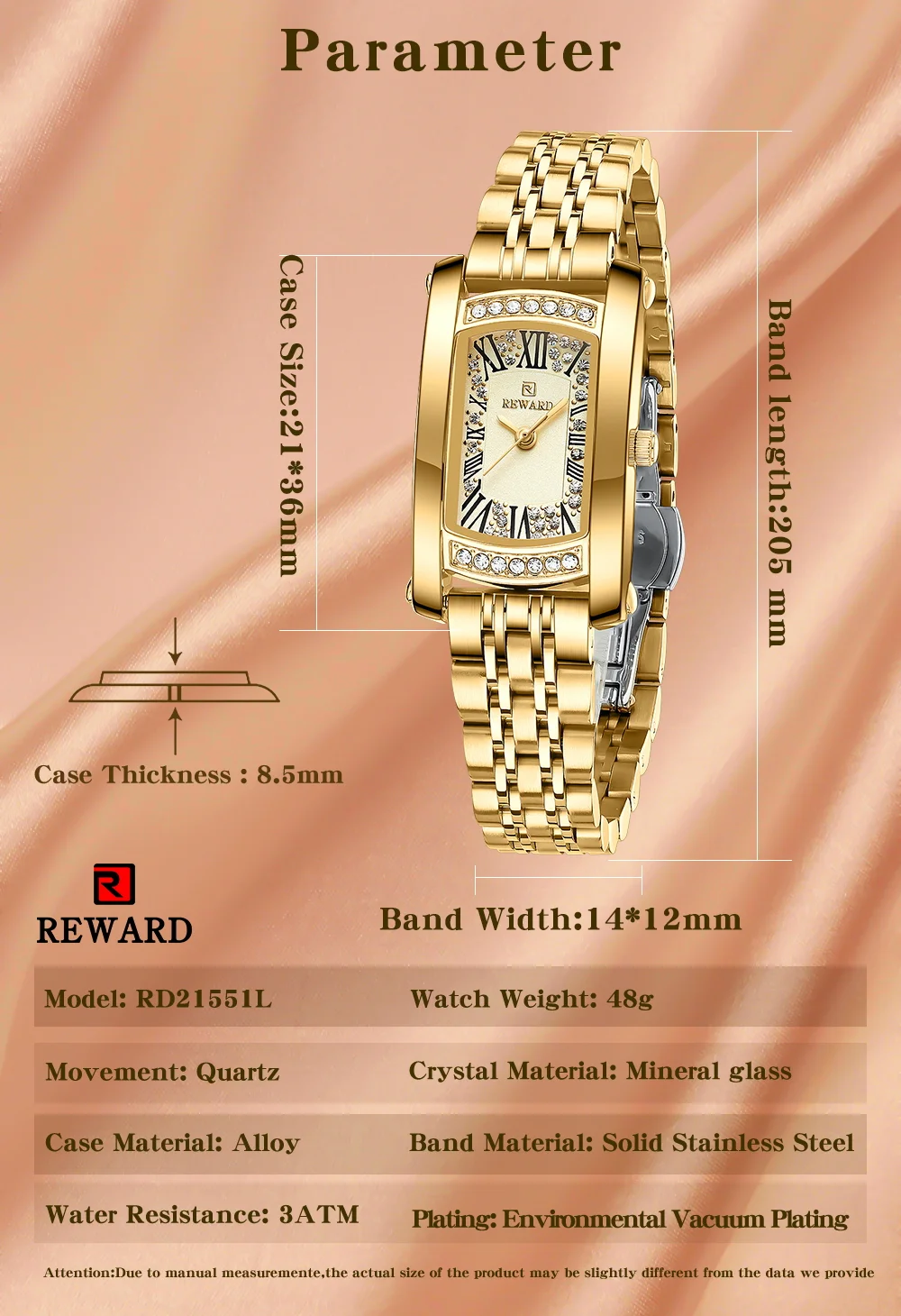 REWARD RD21551L Women's Diamond Rectangle Steel Strap Quartz Watch