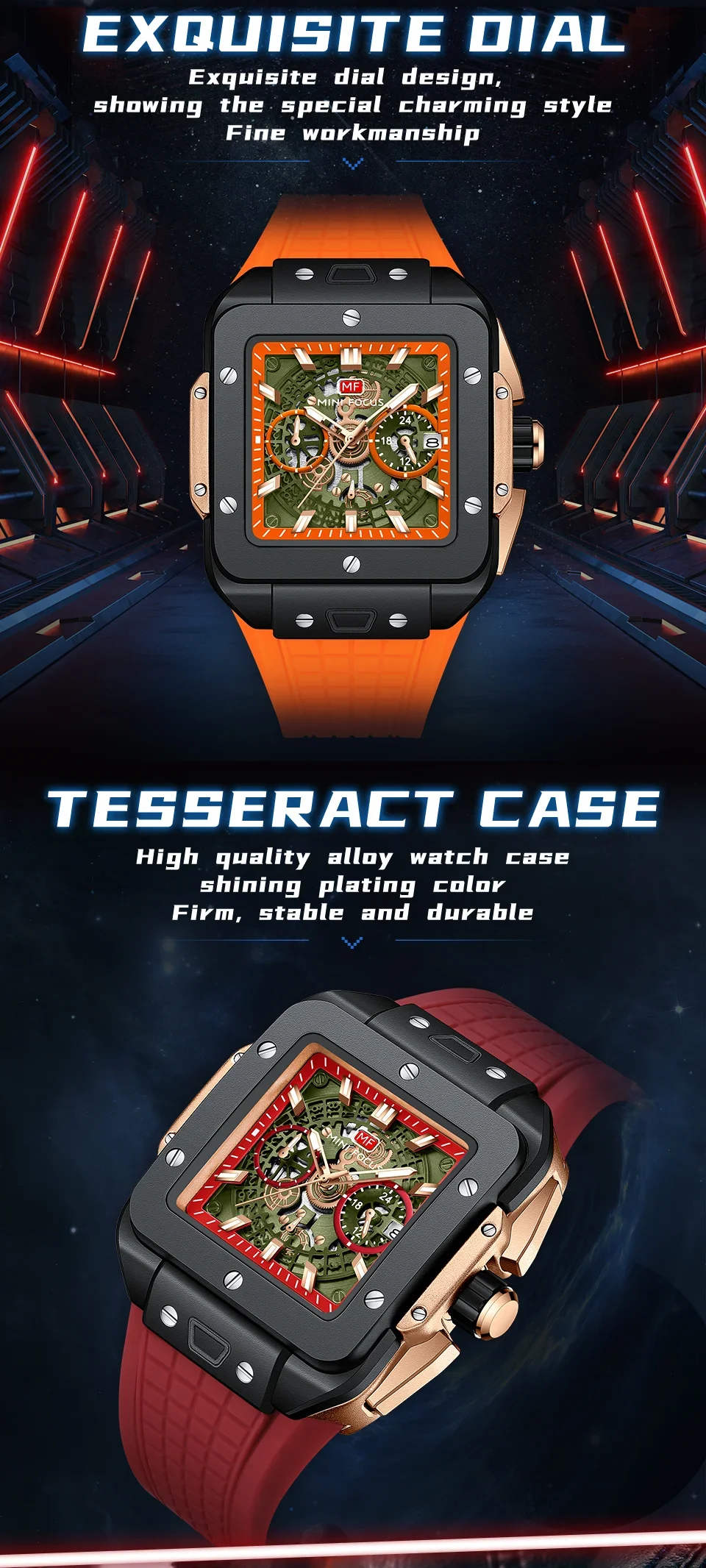 MINI FOCUS MF0475G Casual Men's Square Skeleton Dial Sports Watch