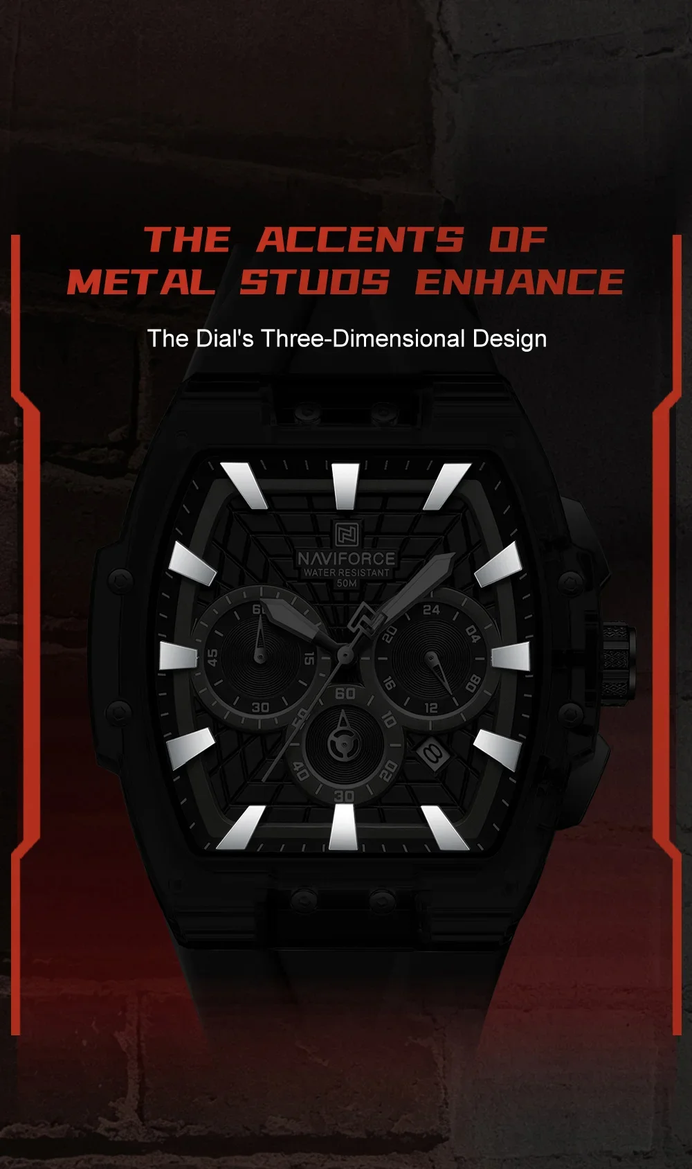 Close-up of the NF6113 alloy case and flexible silicone strap
