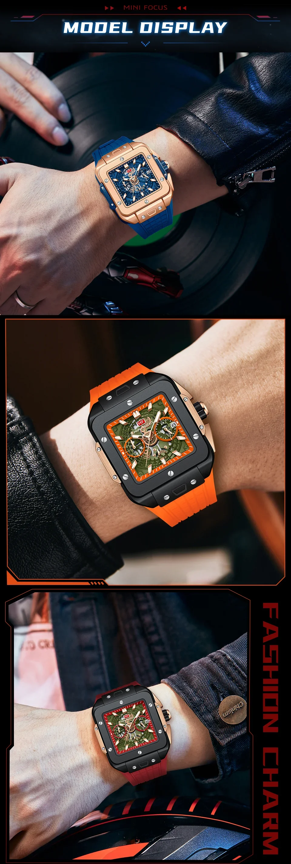 MINI FOCUS MF0475G Casual Men's Square Skeleton Dial Sports Watch