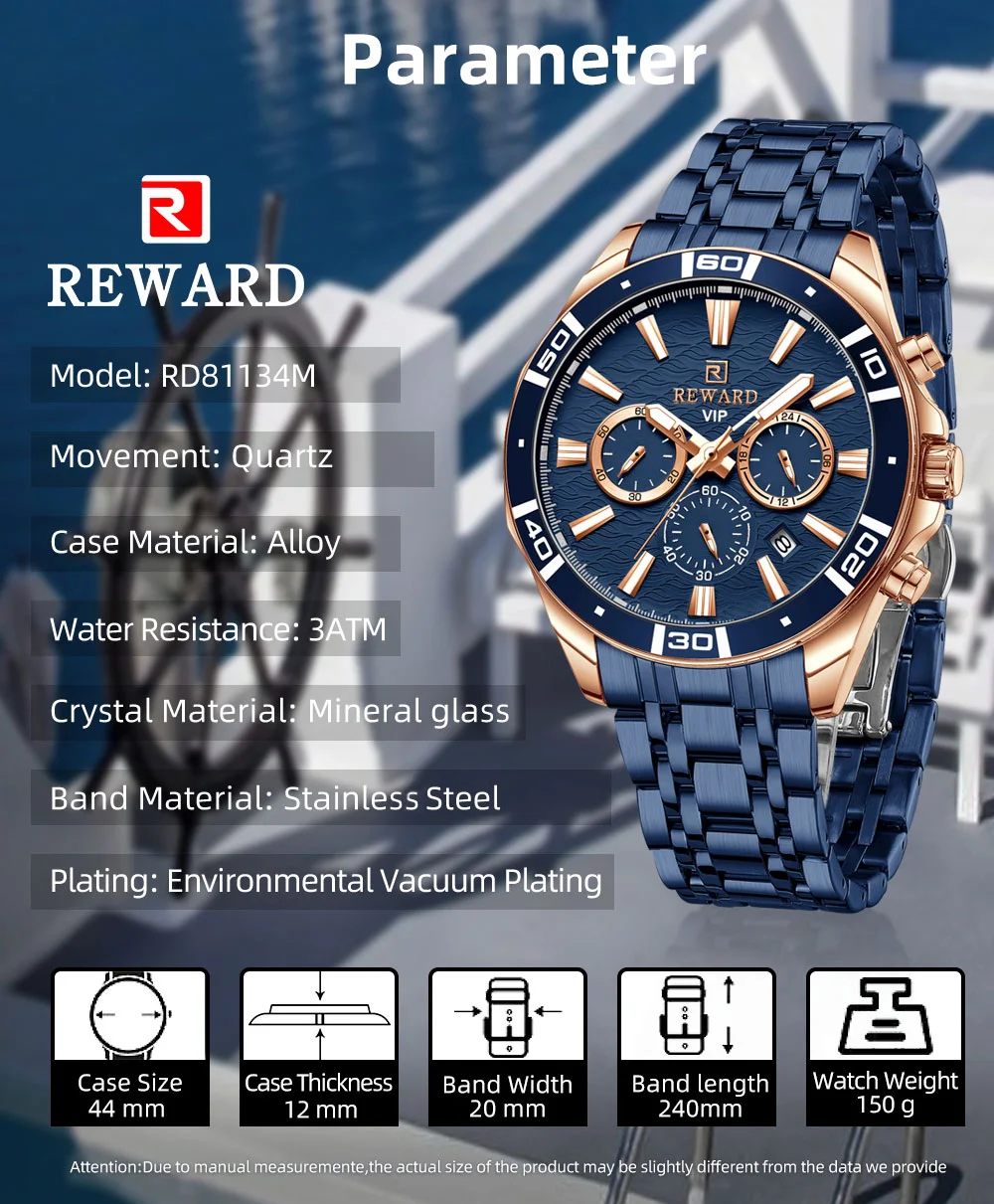 Reward VIP Watch Wave Dial Luminous Stainless Steel Fashion Watches RD81134M
