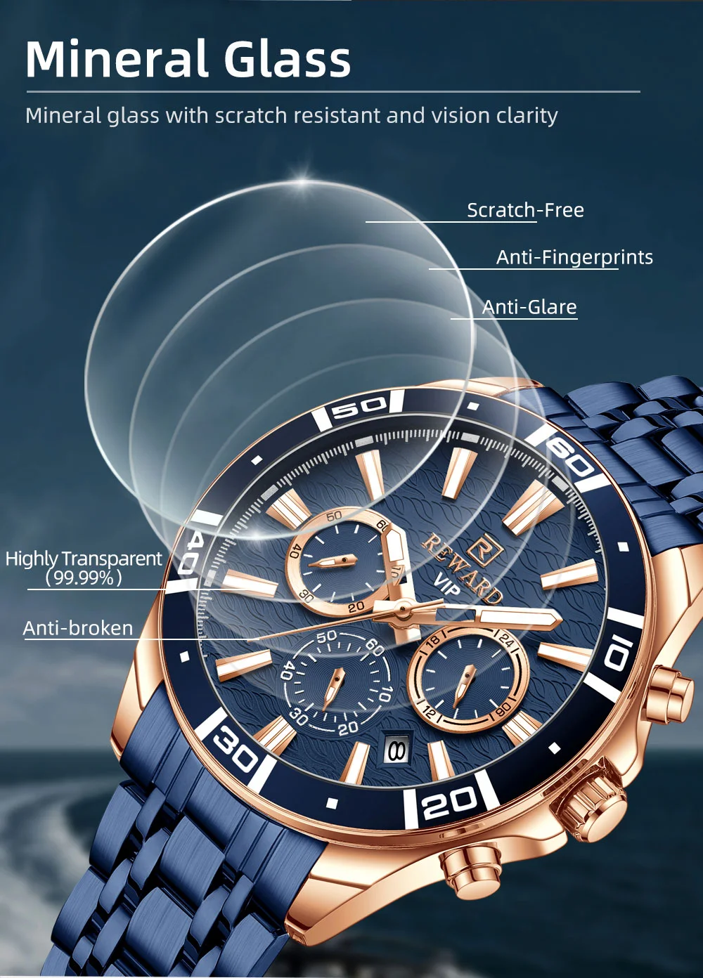 Reward VIP Watch Wave Dial Luminous Stainless Steel Fashion Watches RD81134M