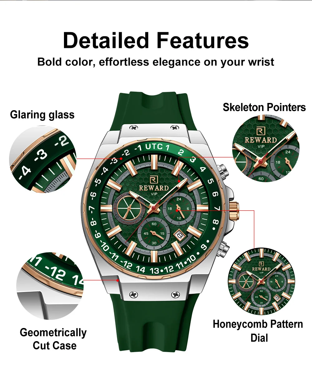 Close-up of the 3-Subdial Chronograph Face on the REWARD Watch