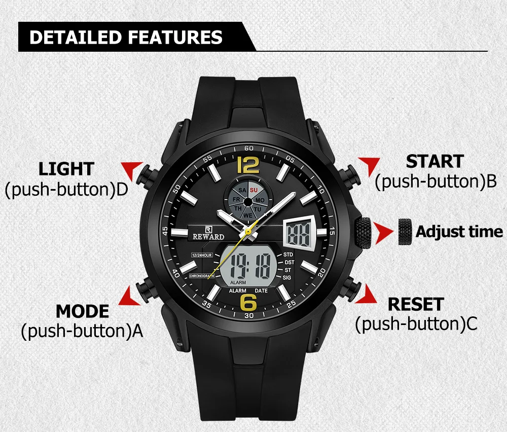 REWARD RD53254M Men Multifunctional Night Light Electronic Watch